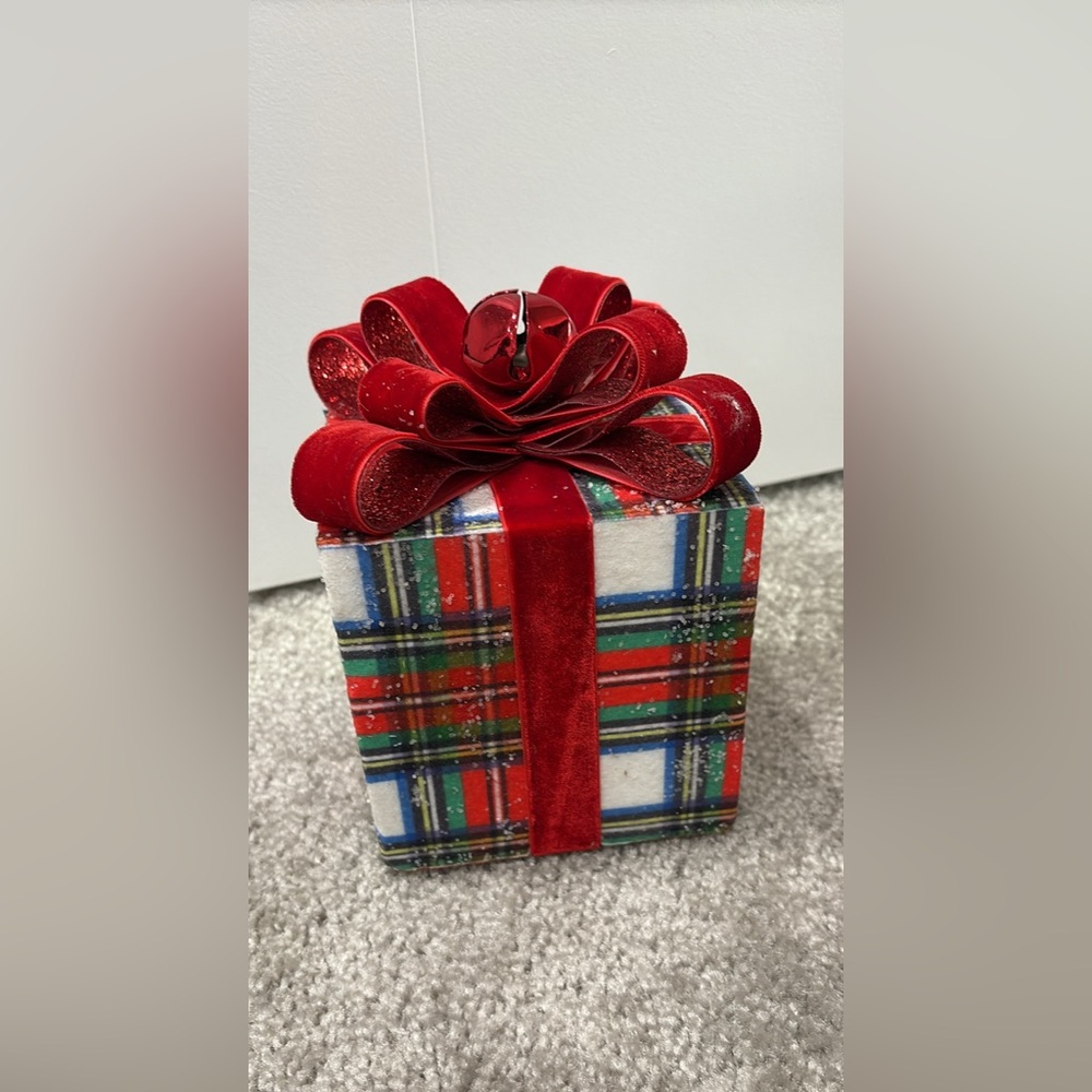 Festive Plaid Gift Box with Red Bow and bell